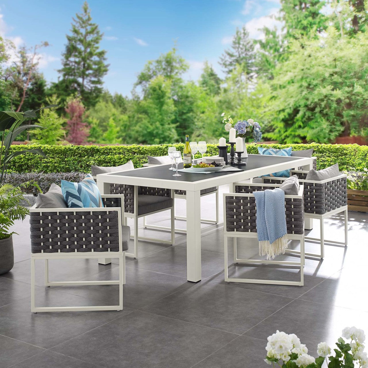 Stance 7 Piece Outdoor Patio Aluminum Dining Set, Fabric Aluminium, White Grey Gray 15694