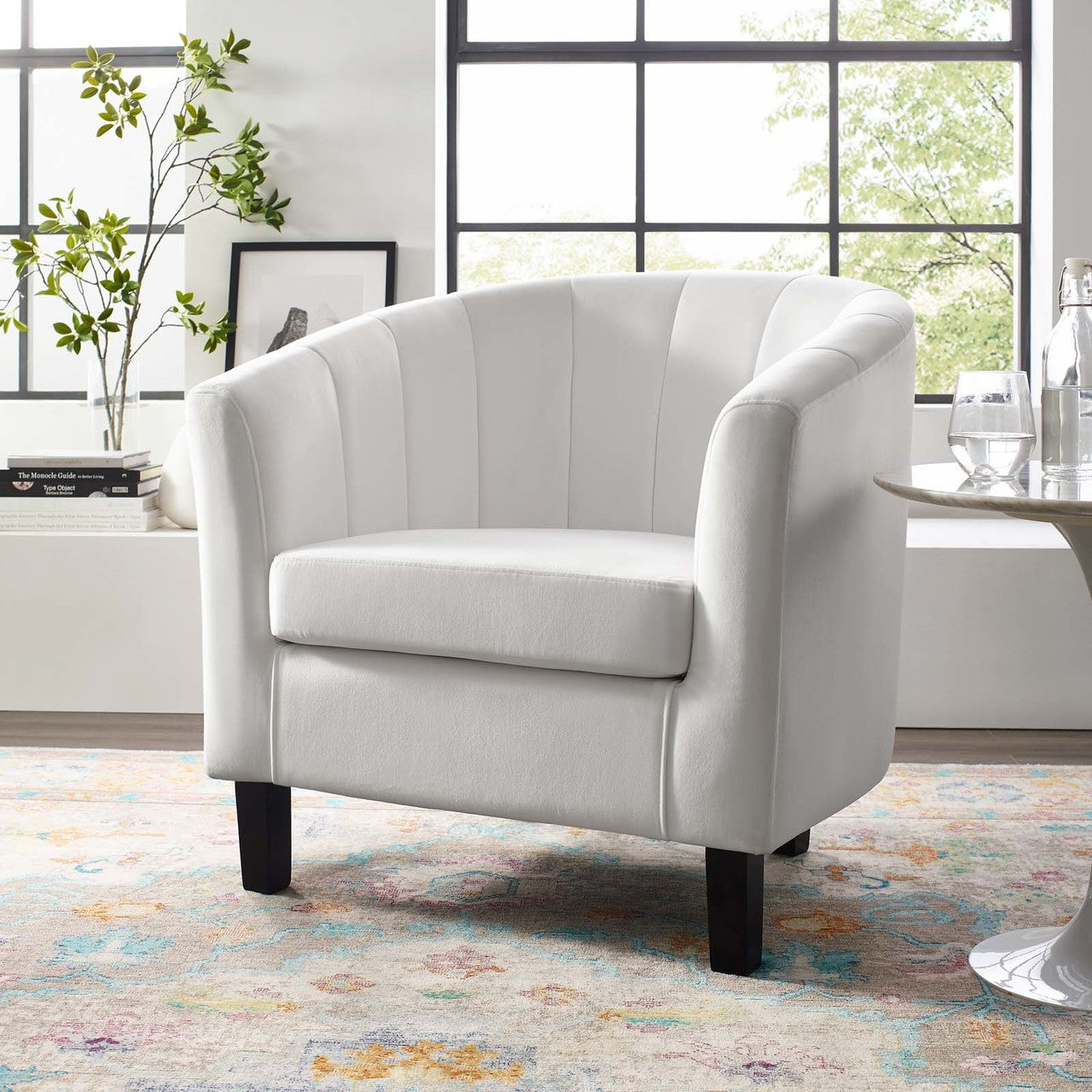 Prospect Channel Tufted Upholstered Velvet Armchair, Velvet Fabric, White 15353