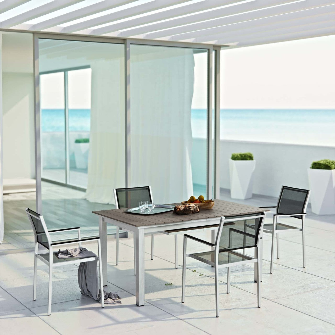 Shore 5 Piece Outdoor Patio Aluminum Outdoor Dining Set, Aluminum Metal Steel, Black 14245