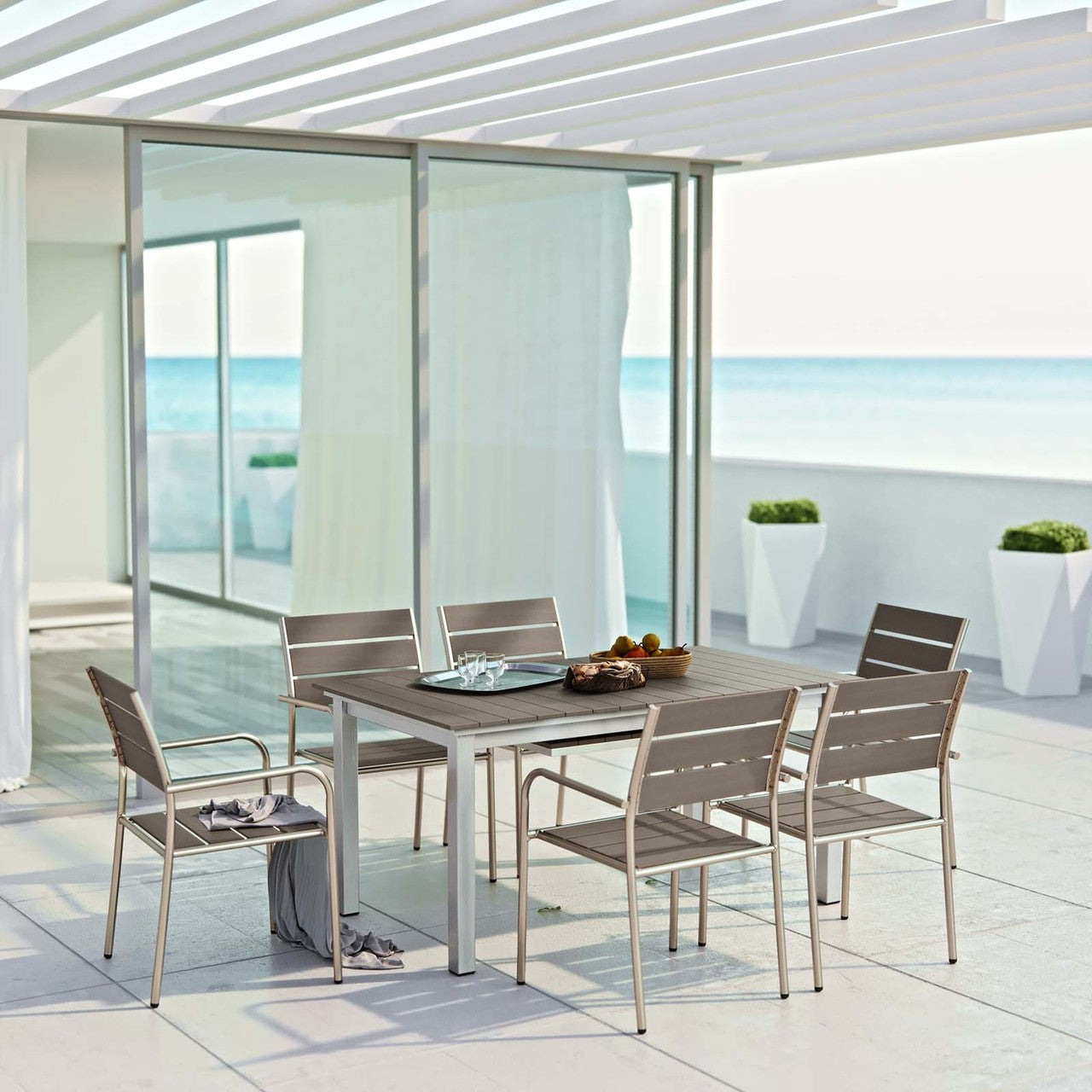 Shore 7 Piece Outdoor Patio Aluminum Outdoor Dining Set, Aluminum Metal Steel, Grey Gray 14246