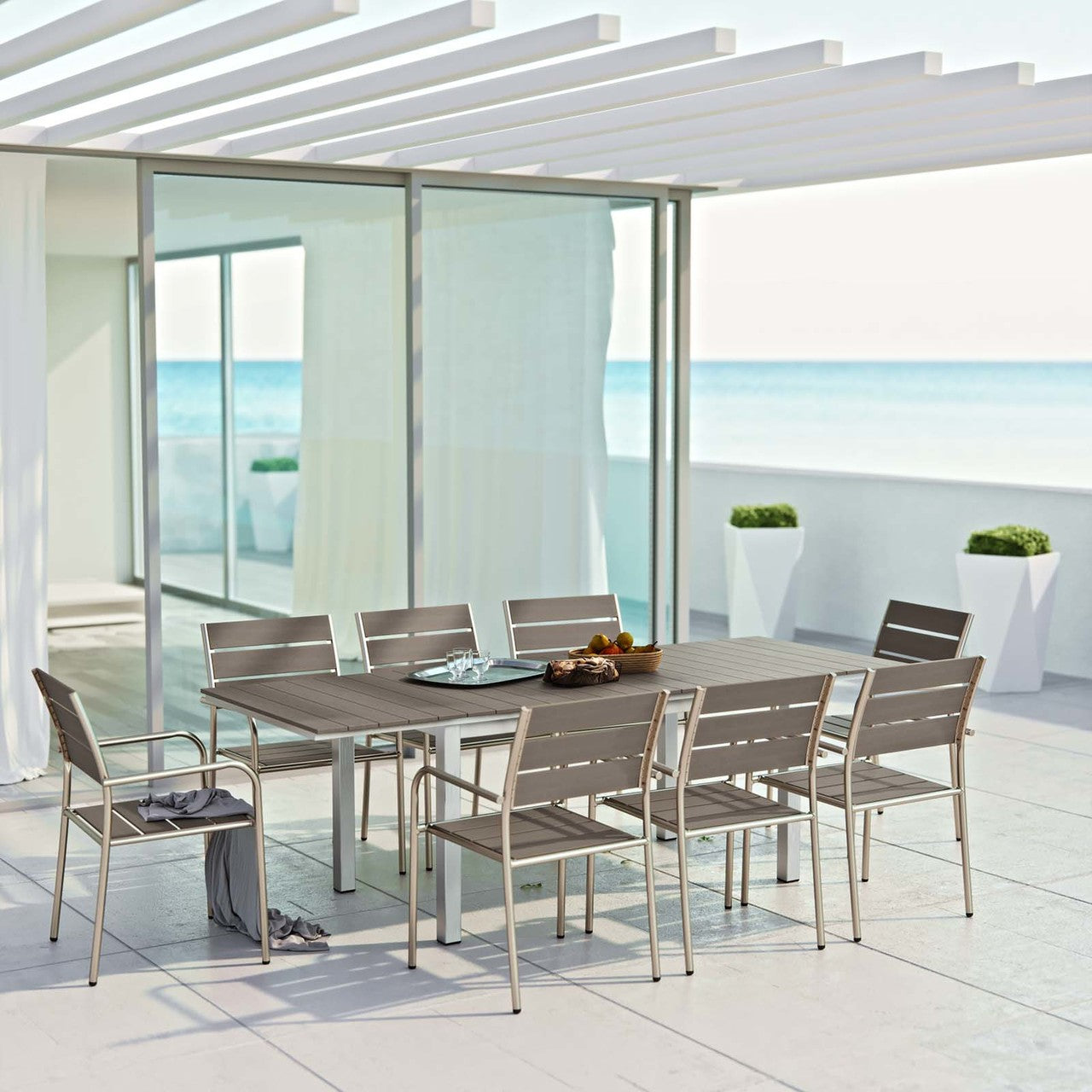 Shore 9 Piece Outdoor Patio Aluminum Outdoor Dining Set, Aluminum Metal Steel, Grey Gray 14248