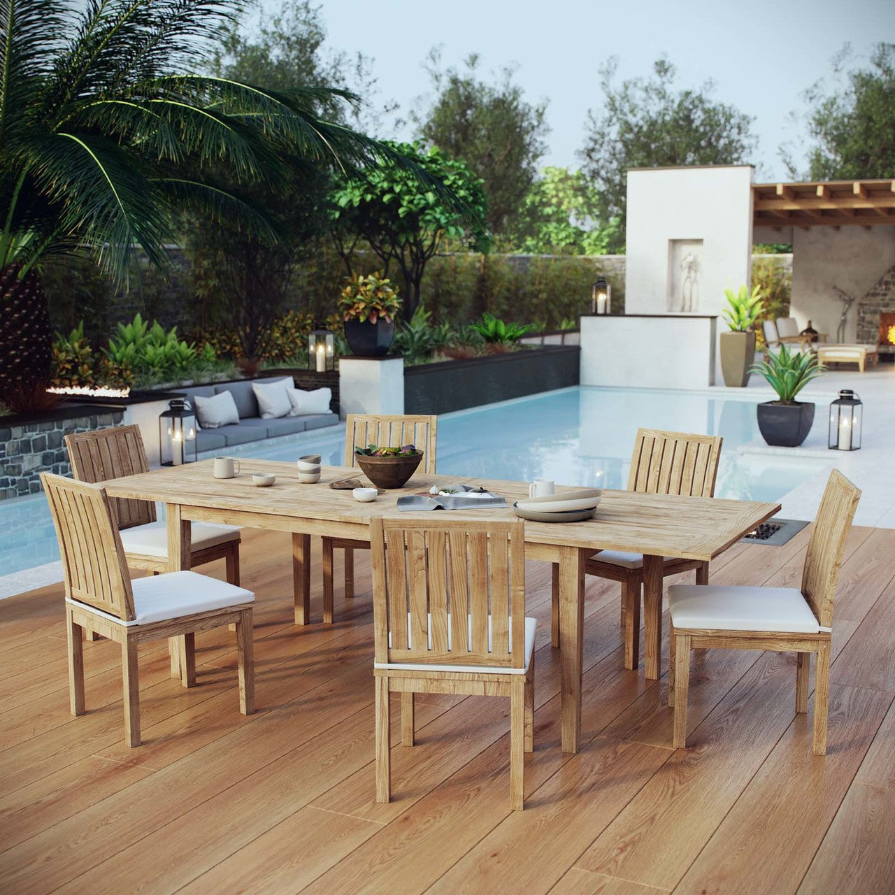 Marina 7 Piece Outdoor Patio Teak Outdoor Dining Set, Wood, White Natural 14254