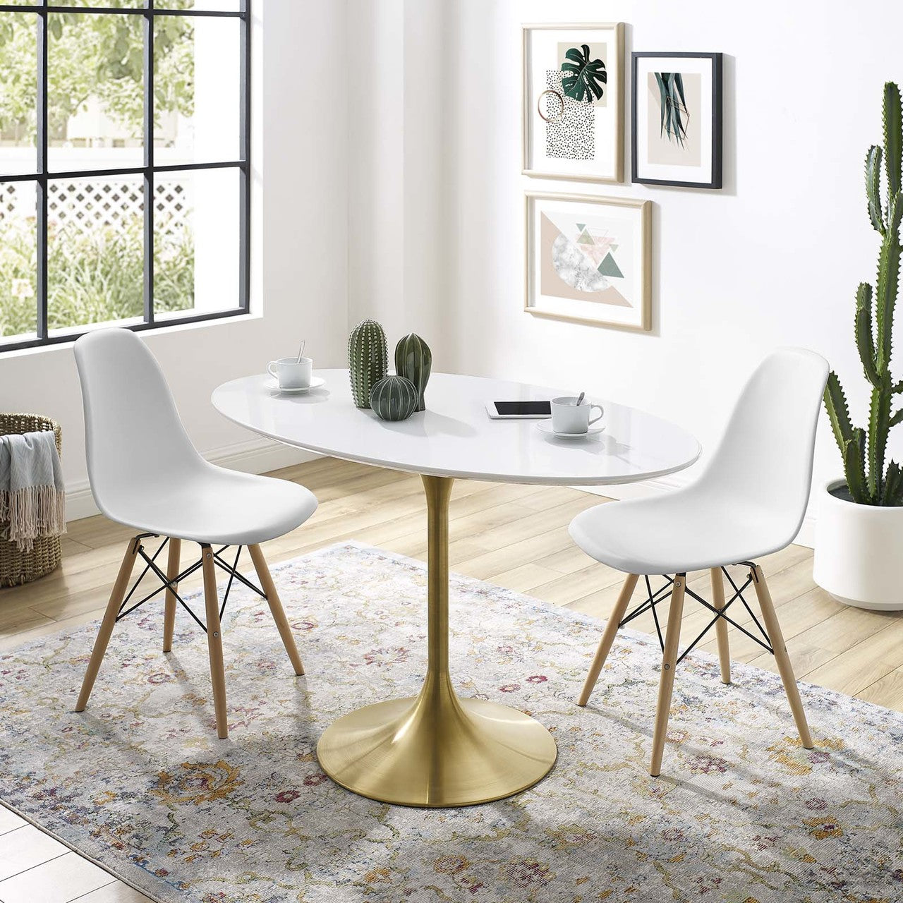Lippa 48" Oval Dining Table, Metal Steel Wood, Gold White 15204