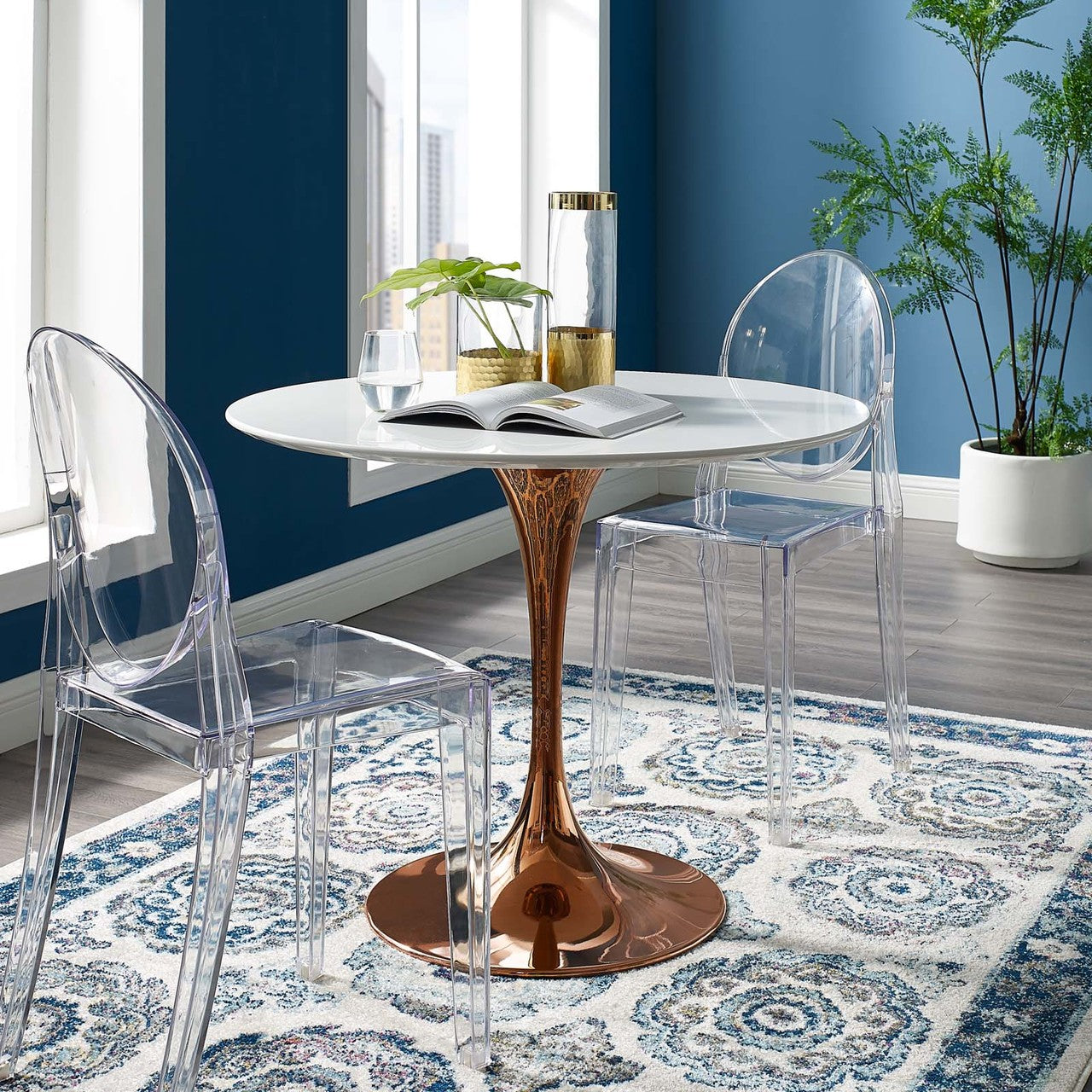 Lippa 36" Round Dining Table, Metal Steel Wood, White Rose Gold 15206
