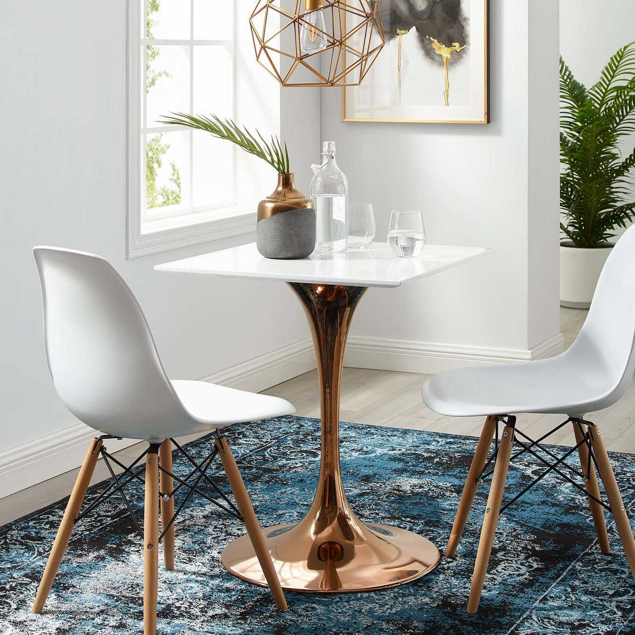 Lippa 24" Square Dining Table, Metal Steel Wood, White Rose Gold 14259