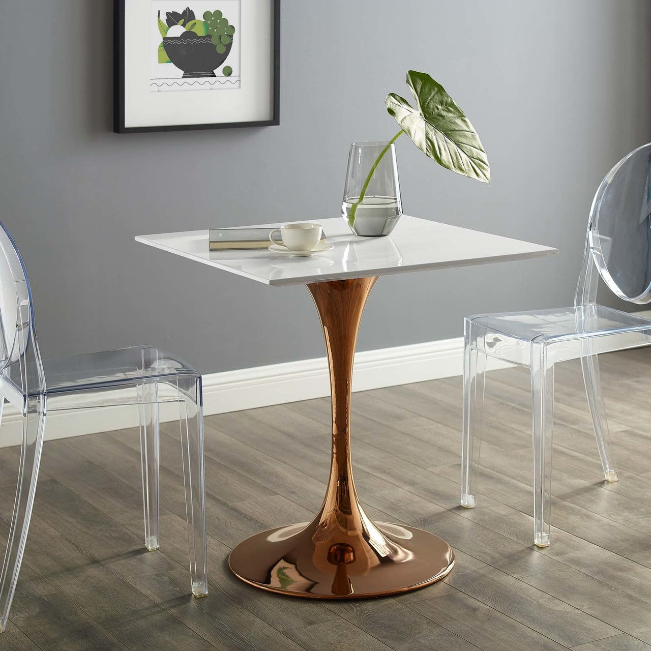 Lippa 28" Square Dining Table, Metal Steel Wood, White Rose Gold 14260