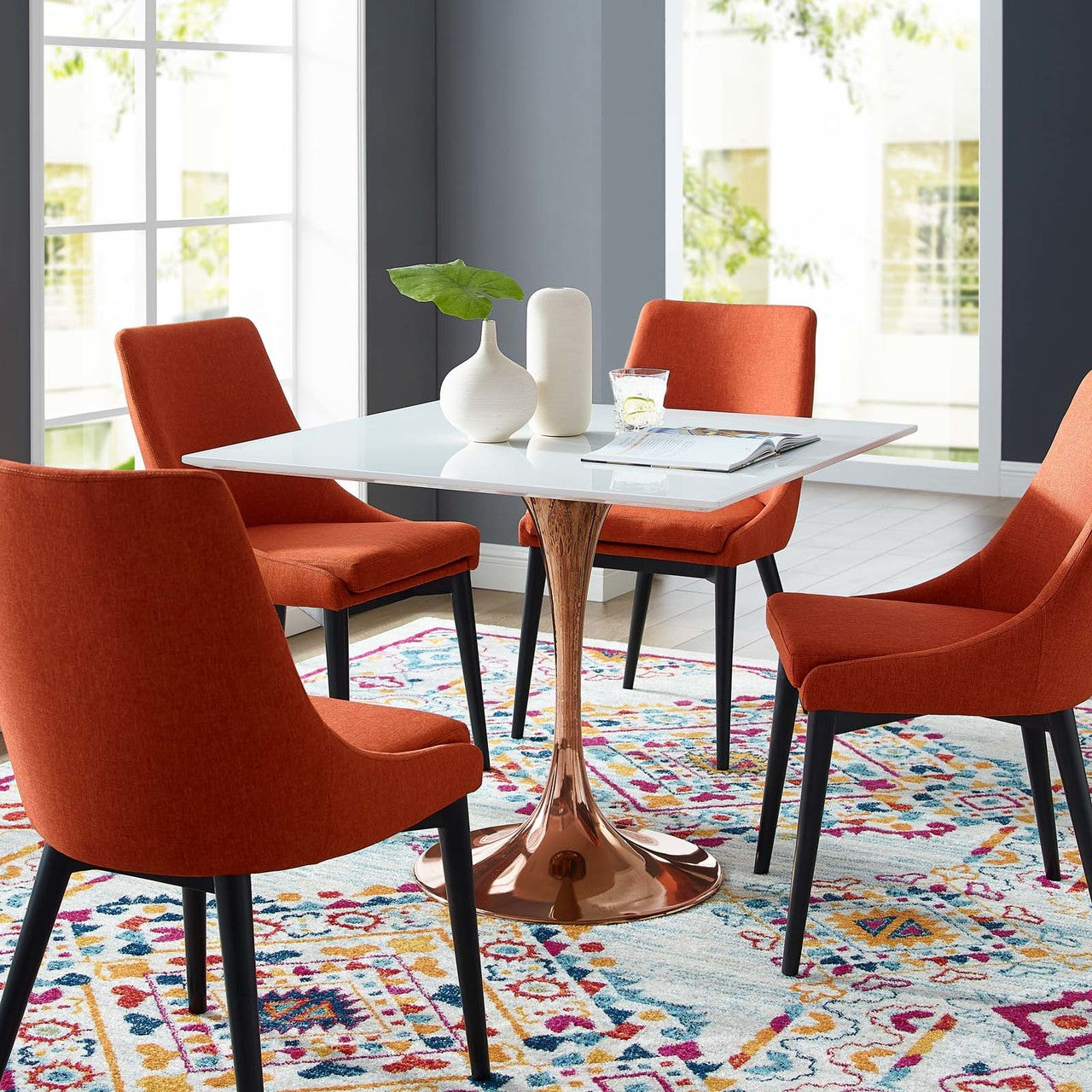 Lippa 36" Square Dining Table, Metal Steel Wood, White Rose Gold 15207