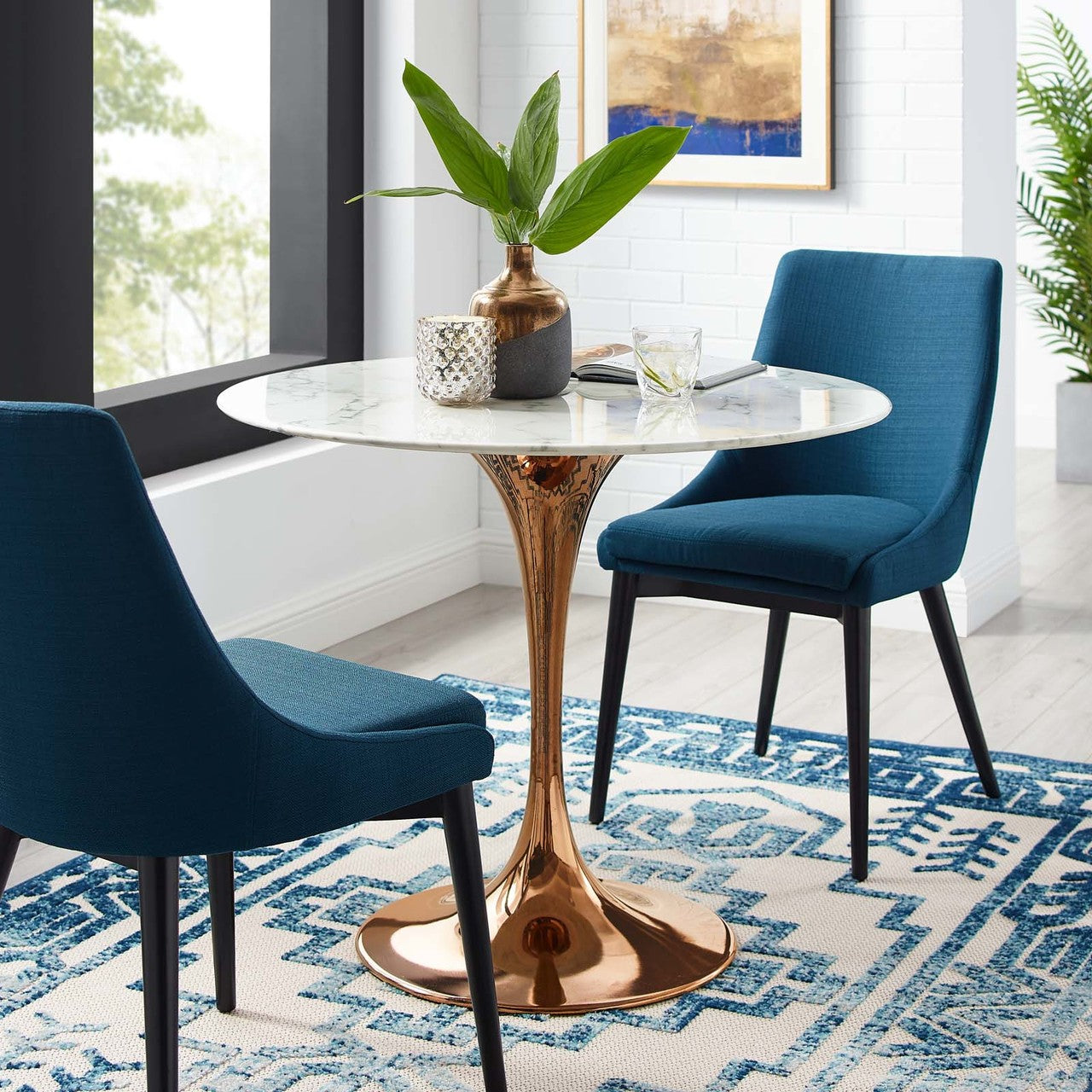 Lippa 36" Round Dining Table, Metal Steel Artificial Marble, White Rose Gold 15208
