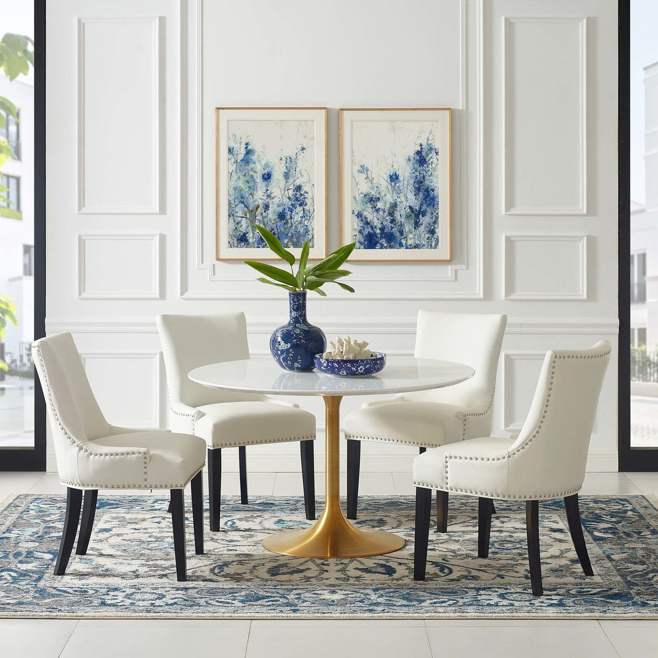Lippa 47" Round Dining Table, Metal Steel Wood, Gold White 15211