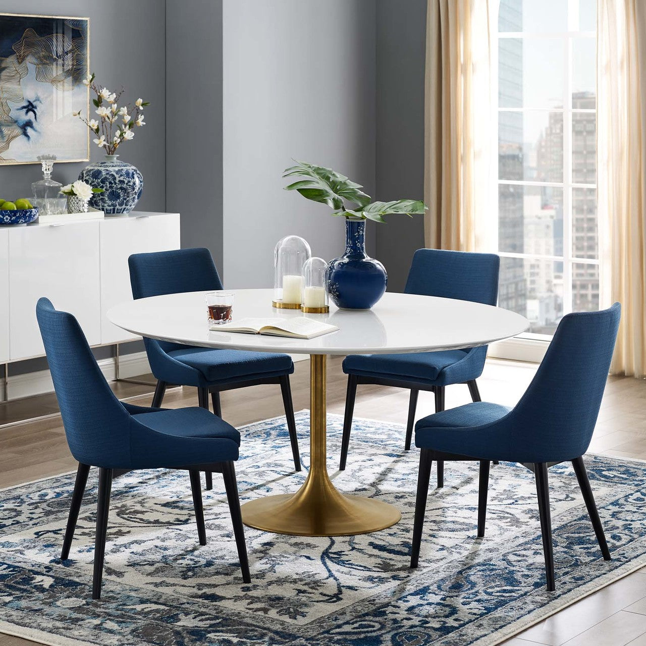 Lippa 60" Round Dining Table, Metal Steel Wood, Gold White 15356