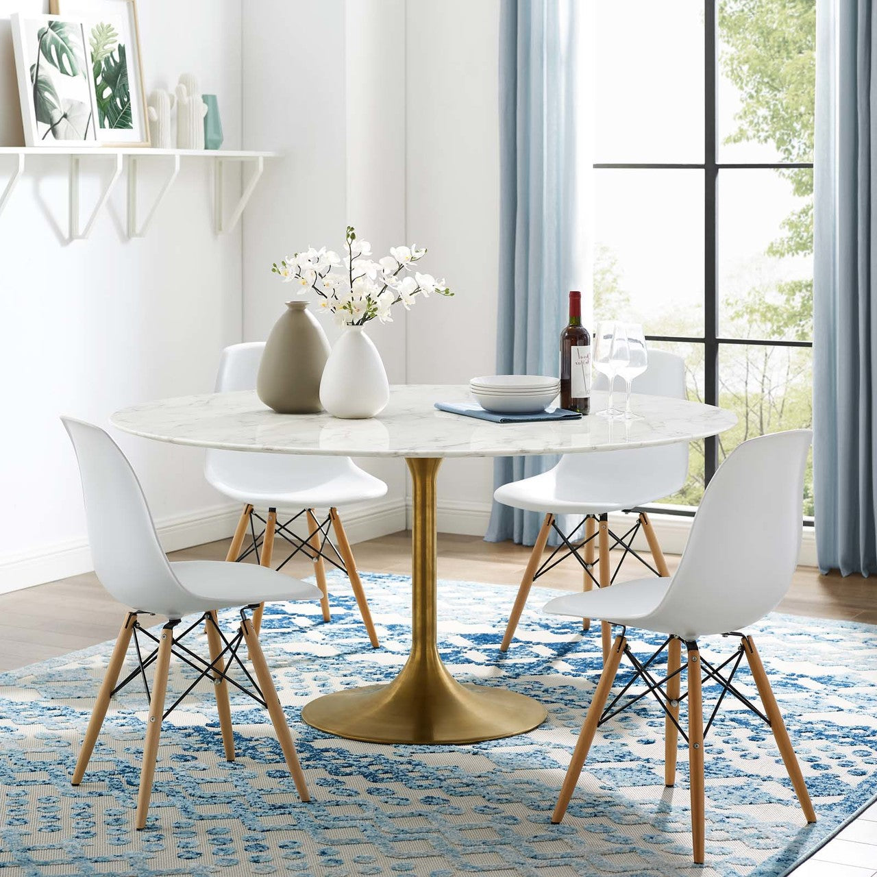 Lippa 60" Round Dining Table, Metal Steel Artificial Marble, Gold White 15216