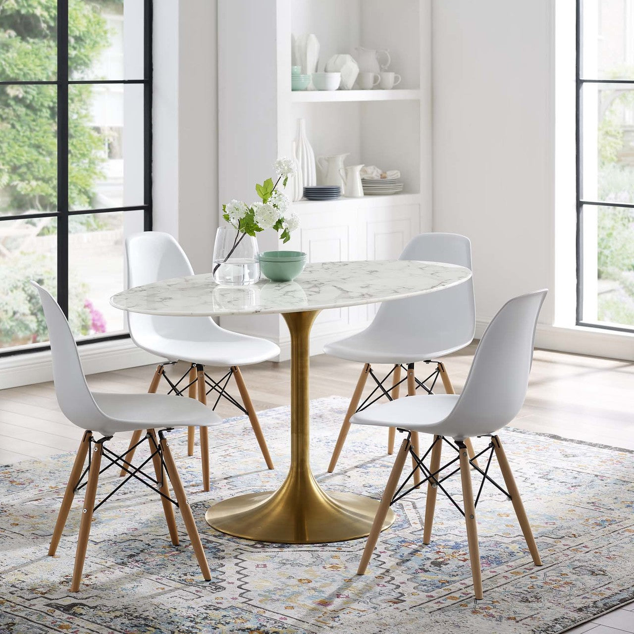 Lippa 54" Oval Dining Table, Metal Steel Artificial Marble, Gold White 15358