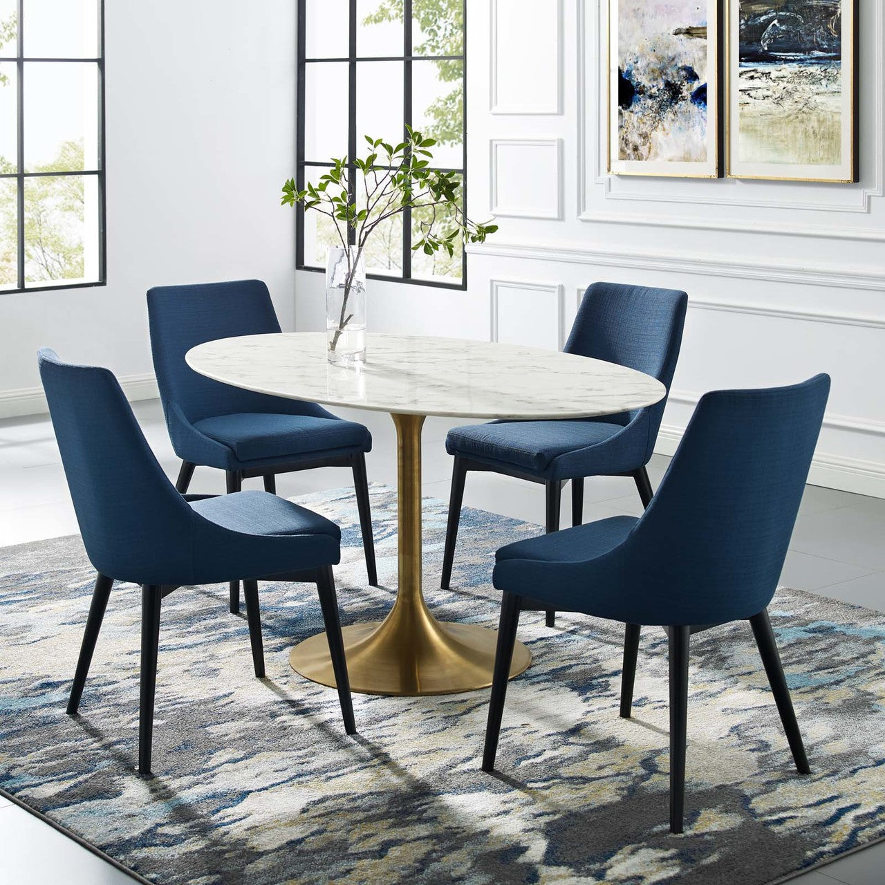Lippa 60" Oval Dining Table, Metal Steel Artificial Marble, Gold White 15359
