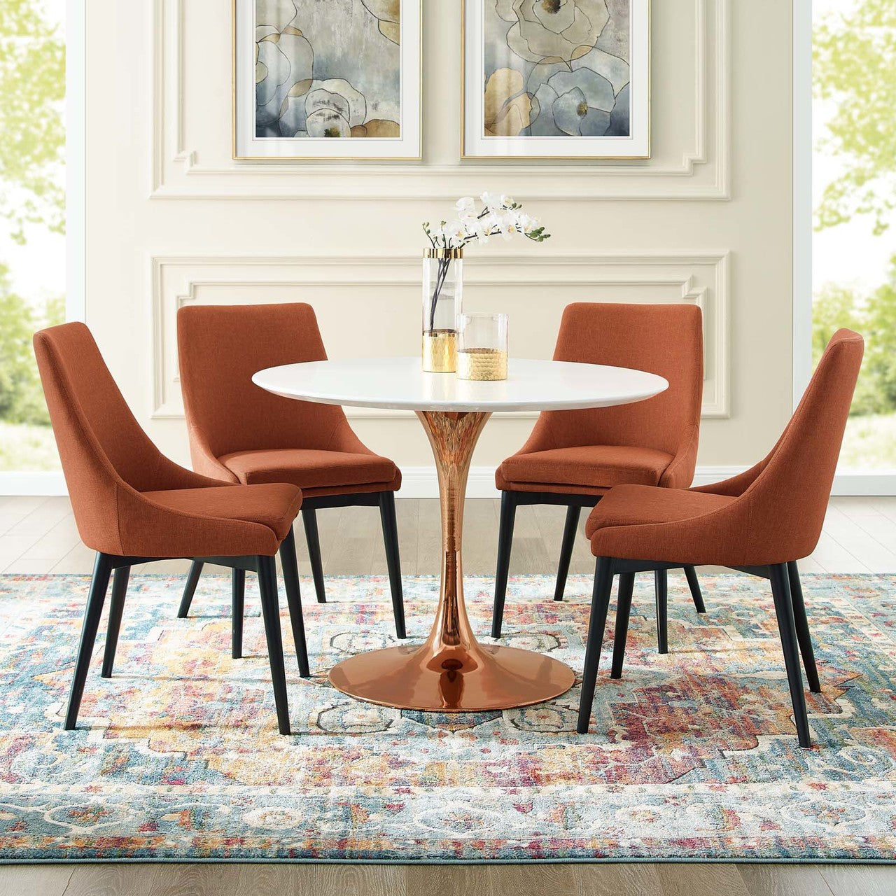 Lippa 40" Round Dining Table, Metal Steel Wood, White Rose Gold 15217