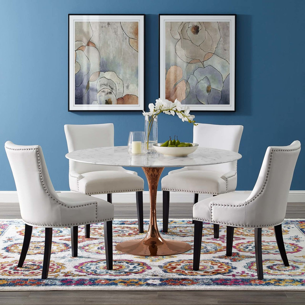 Lippa 54" Round Dining Table, Metal Steel Artificial Marble, White Rose Gold 15222