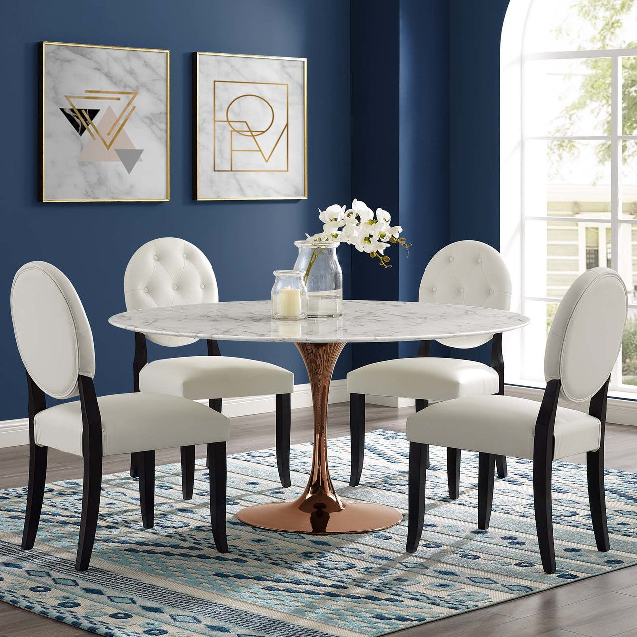 Lippa 60" Round Dining Table, Metal Steel Artificial Marble, White Rose Gold 15697