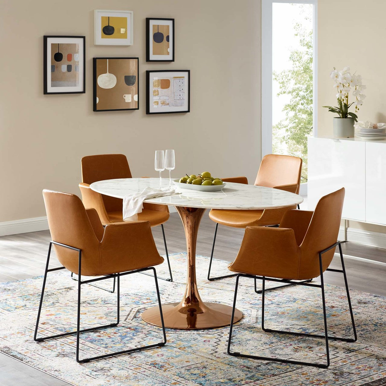 Lippa 60" Oval Dining Table, Metal Steel Artificial Marble, White Rose Gold 15698