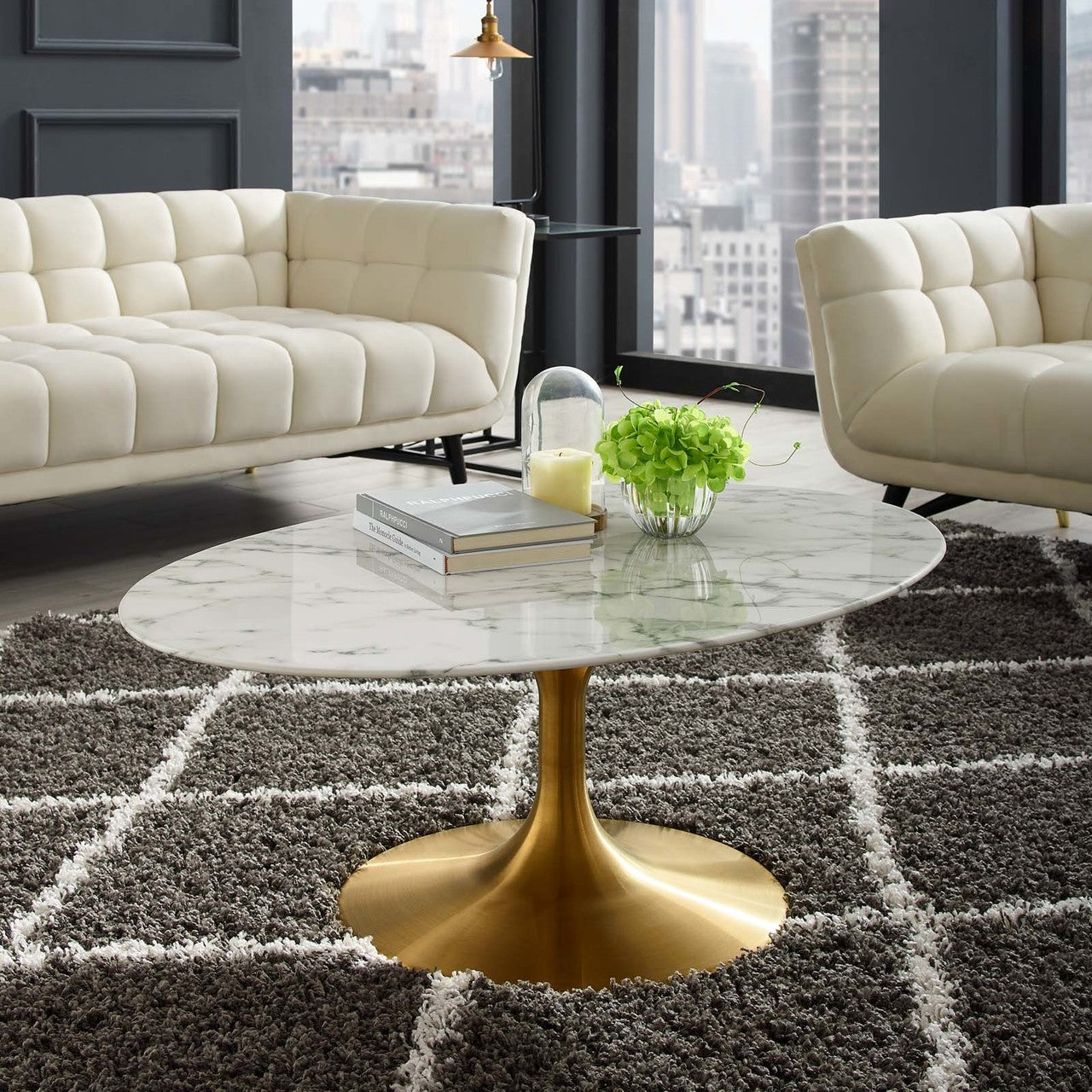 Lippa 42" Oval-Shaped Coffee Table, Metal Steel Artificial Marble, Gold White 14263