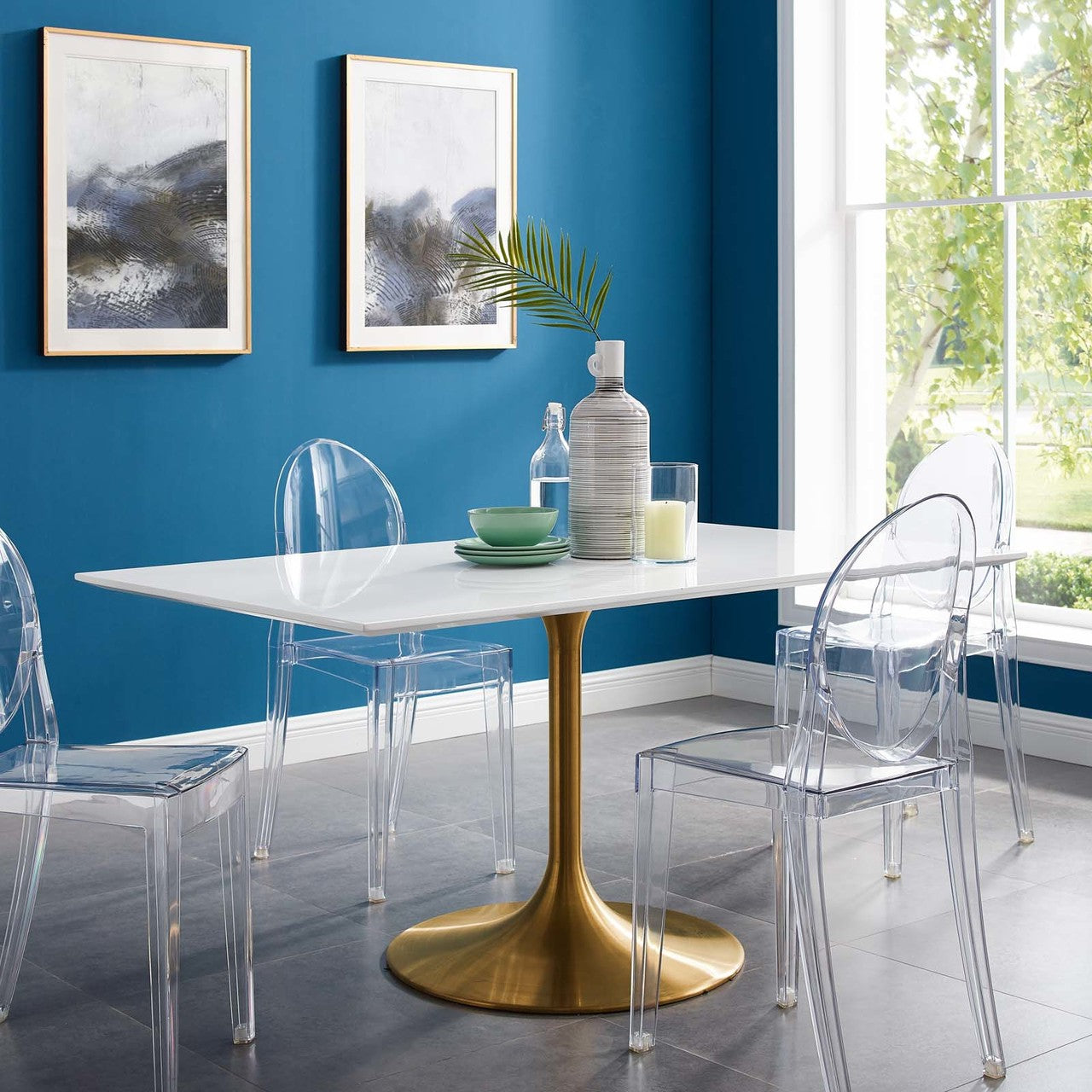 Lippa 60" Rectangle Dining Table, Metal Steel Wood, Gold White 14266