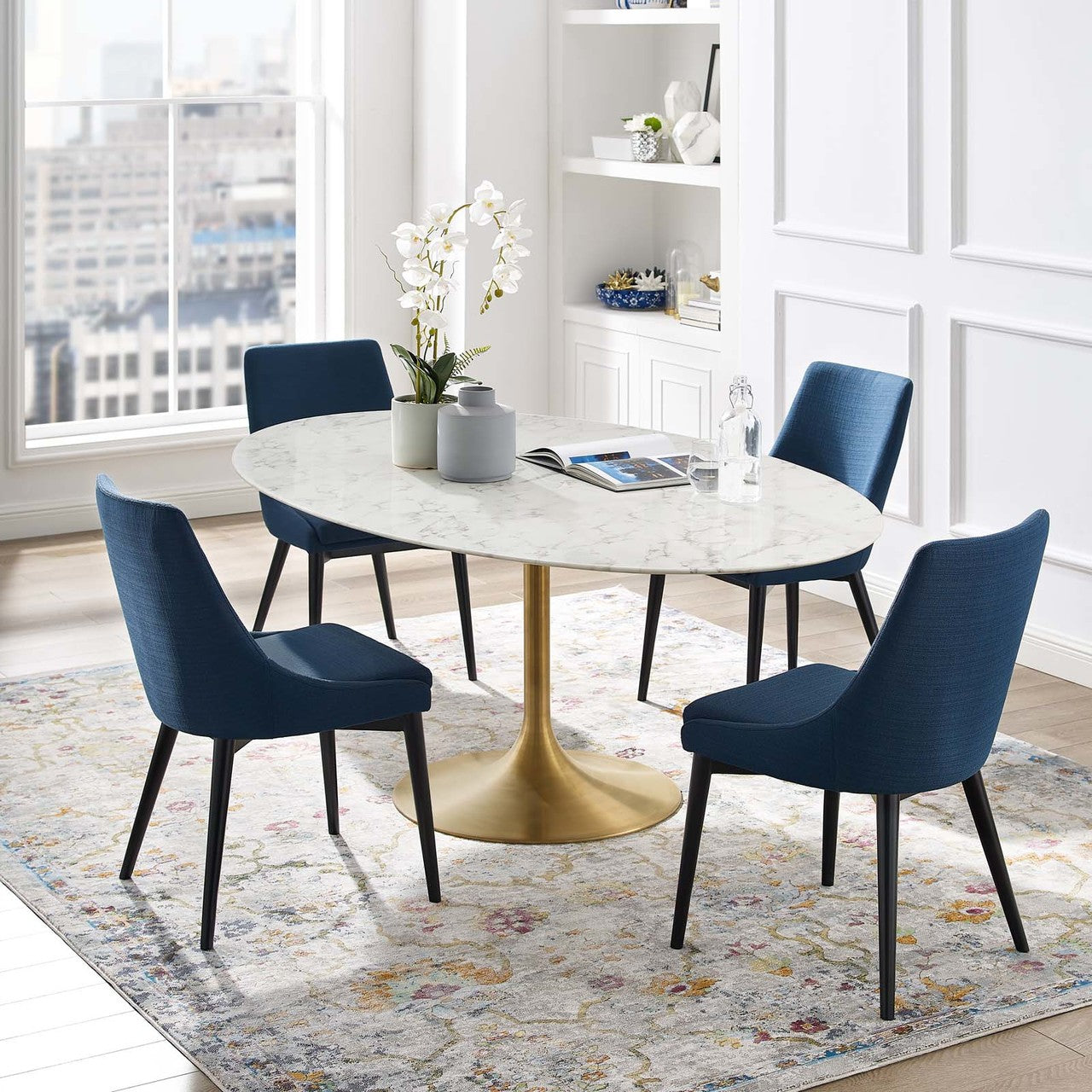 Lippa 78" Oval Dining Table, Metal Steel Artificial Marble, Gold White 15226