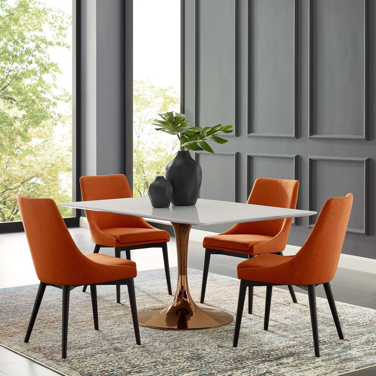 Lippa 60" Rectangle Dining Table, Metal Steel Wood, White Rose Gold 15228