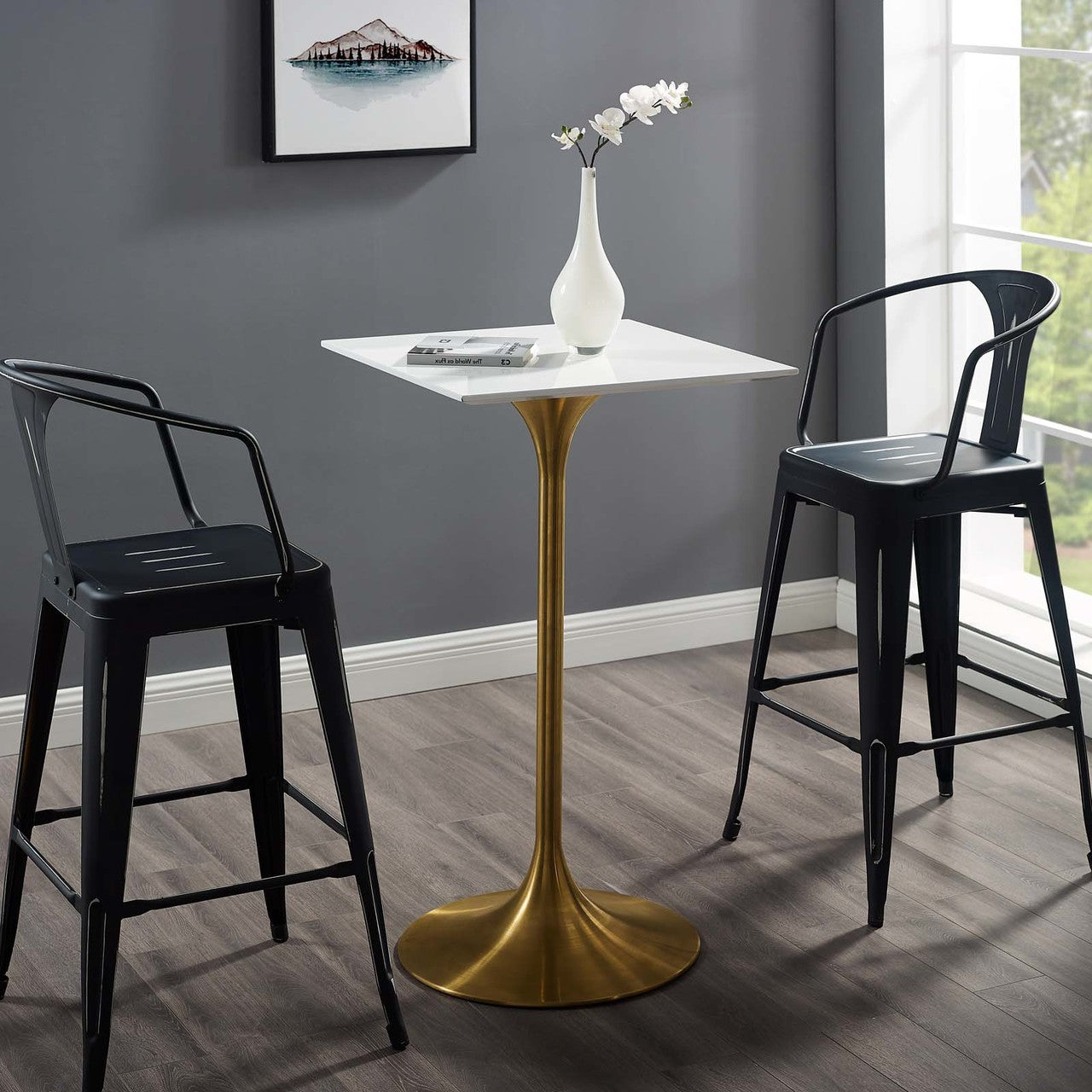 Lippa 28" Square Bar Table, Metal Steel Wood, Gold White 15230