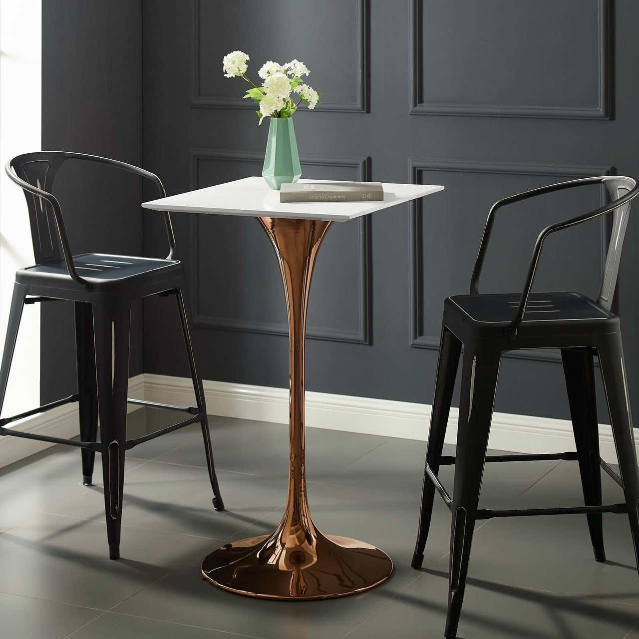 Lippa 28" Square Bar Table, Metal Steel Wood, White Rose Gold 14268