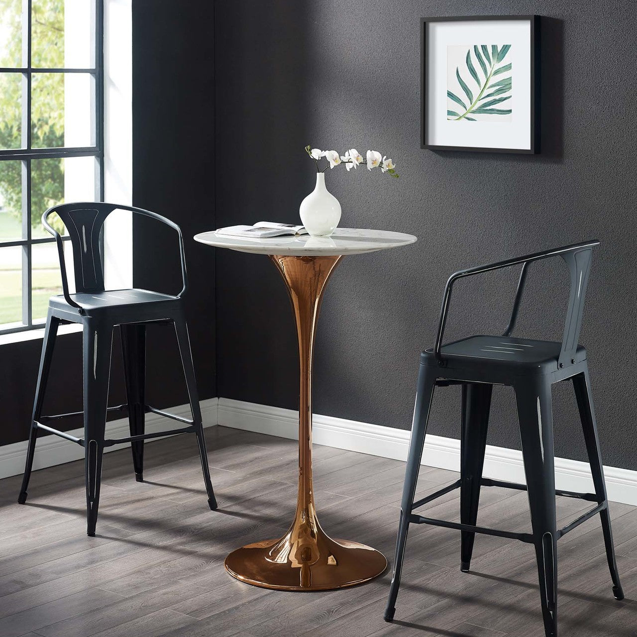 Lippa 28" Bar Table, Metal Steel Artificial Marble, White Rose Gold 15233