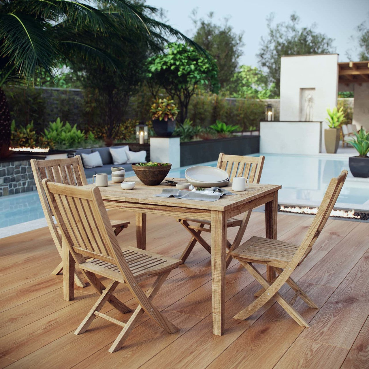 Marina 5 Piece Outdoor Patio Teak Outdoor Dining Set, Wood, Natural 14278