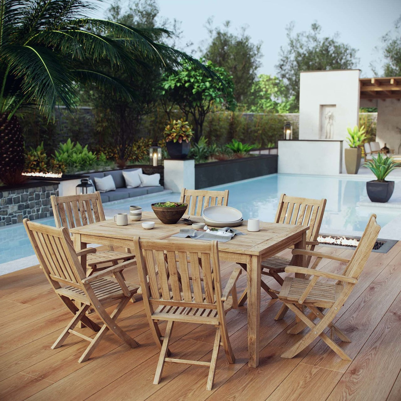 Marina 7 Piece Outdoor Patio Teak Outdoor Dining Set, Wood, Natural 14281