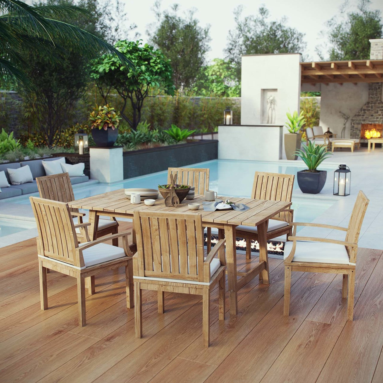 Marina 7 Piece Outdoor Patio Teak Outdoor Dining Set, Wood, White Natural 14287
