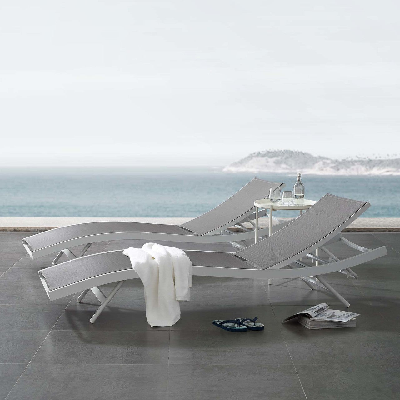 Glimpse Outdoor Patio Mesh Chaise Lounge Chair, Fabric Aluminium, White Grey Gray 15368