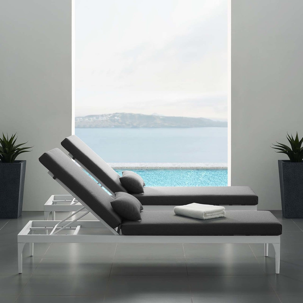 Perspective Cushion Outdoor Patio Chaise Lounge Chair, Fabric Metal Steel, White Grey Gray 15371