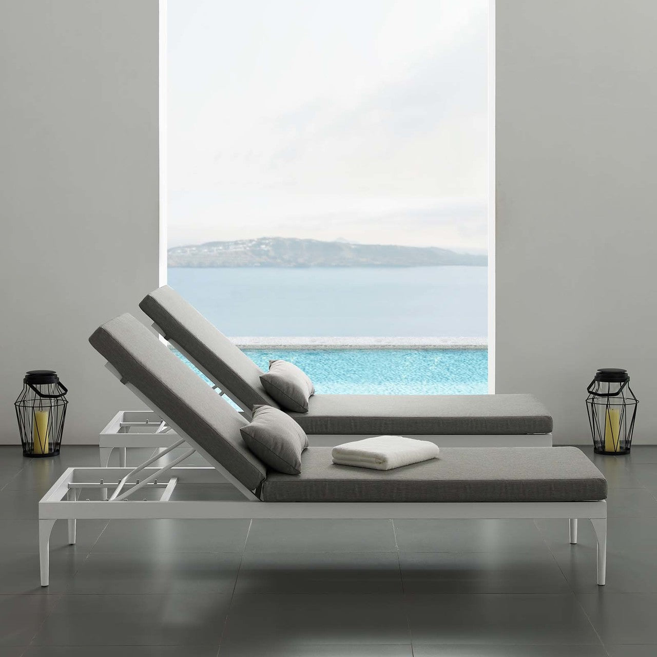 Perspective Cushion Outdoor Patio Chaise Lounge Chair, Fabric Aluminium, White Grey Gray 15372