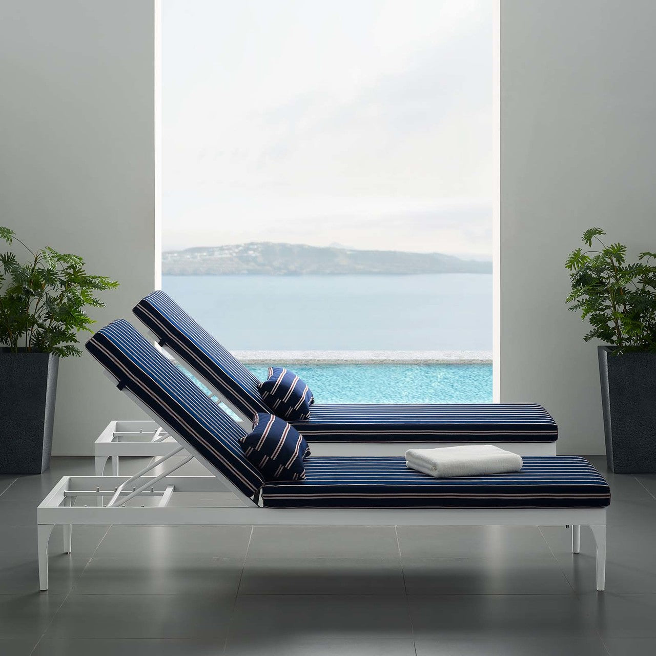 Perspective Cushion Outdoor Patio Chaise Lounge Chair, Fabric Metal Steel, White Navy 15705