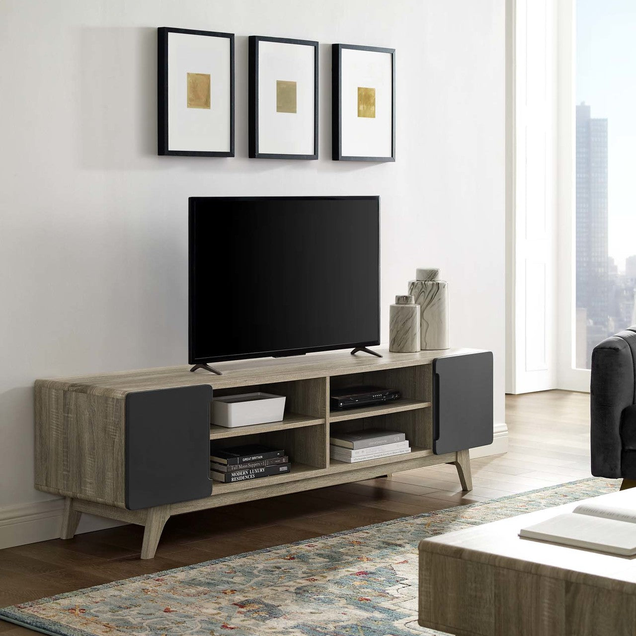 Tread 70" Media Console TV Stand, Wood, Grey Gray Natural 15380