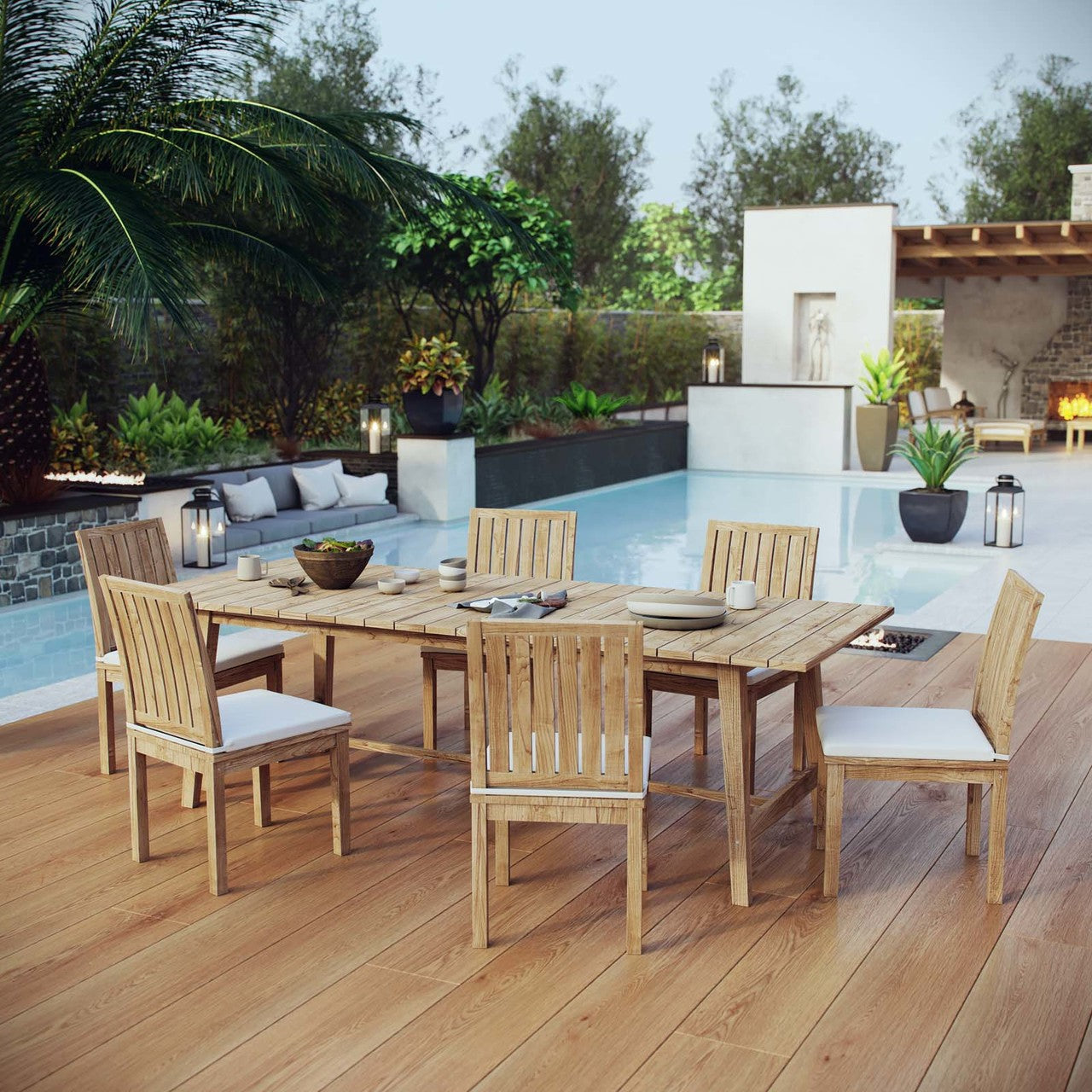 Marina 7 Piece Outdoor Patio Teak Outdoor Dining Set, Wood, White Natural 14290