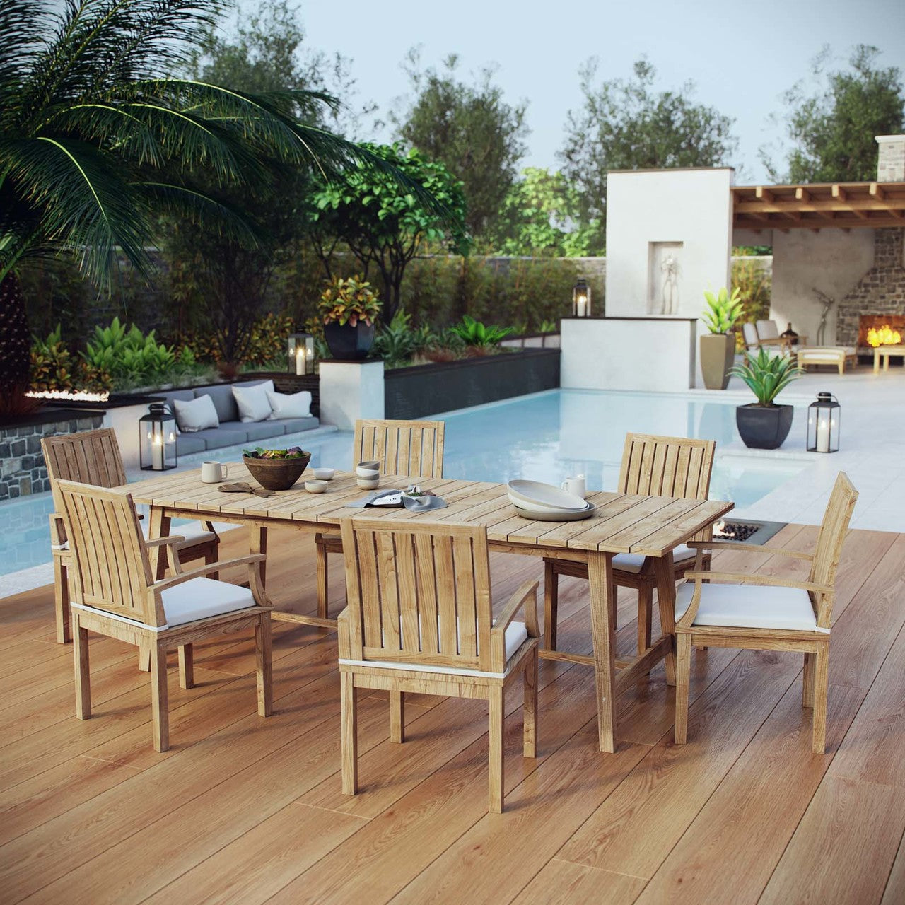 Marina 7 Piece Outdoor Patio Teak Outdoor Dining Set, Wood, White Natural 14291