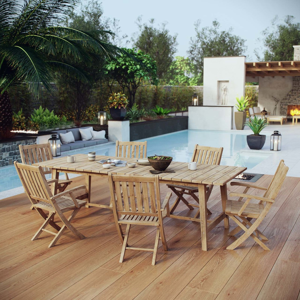 Marina 7 Piece Outdoor Patio Teak Outdoor Dining Set, Wood, Natural 14293
