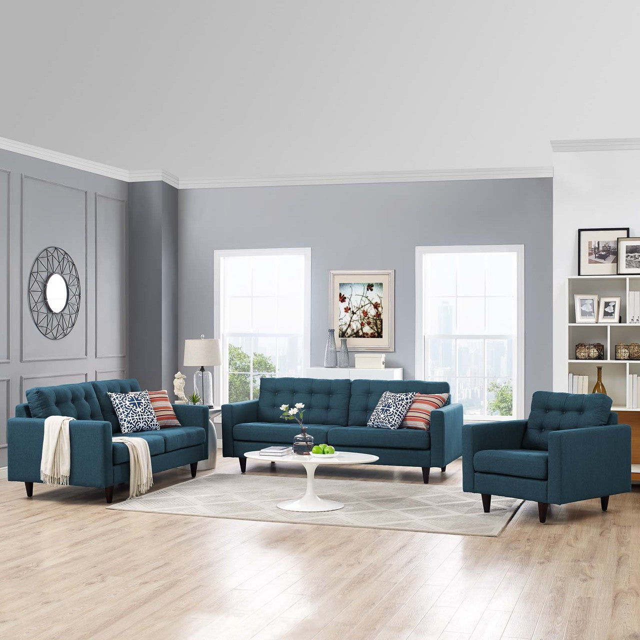 Empress Sofa, Loveseat and Armchair Set of 3, Fabric, Navy Blue 14299