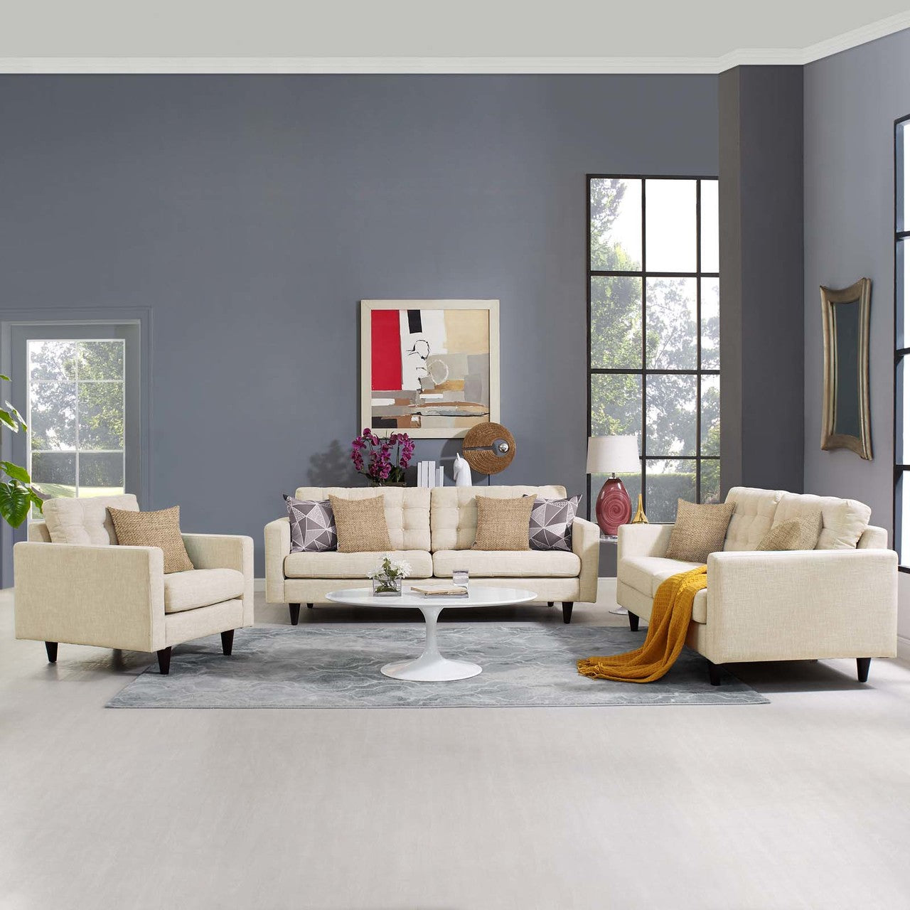Empress Sofa, Loveseat and Armchair Set of 3, Fabric, Beige 14300