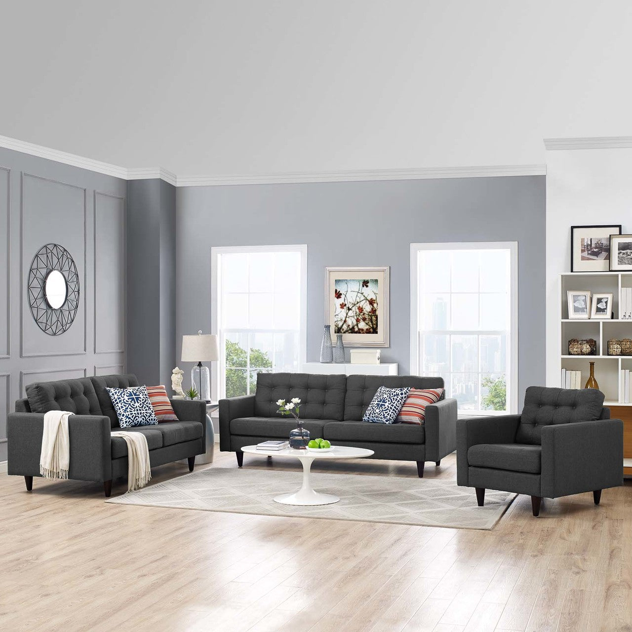 Empress Sofa, Loveseat and Armchair Set of 3, Fabric, Grey Gray 14301