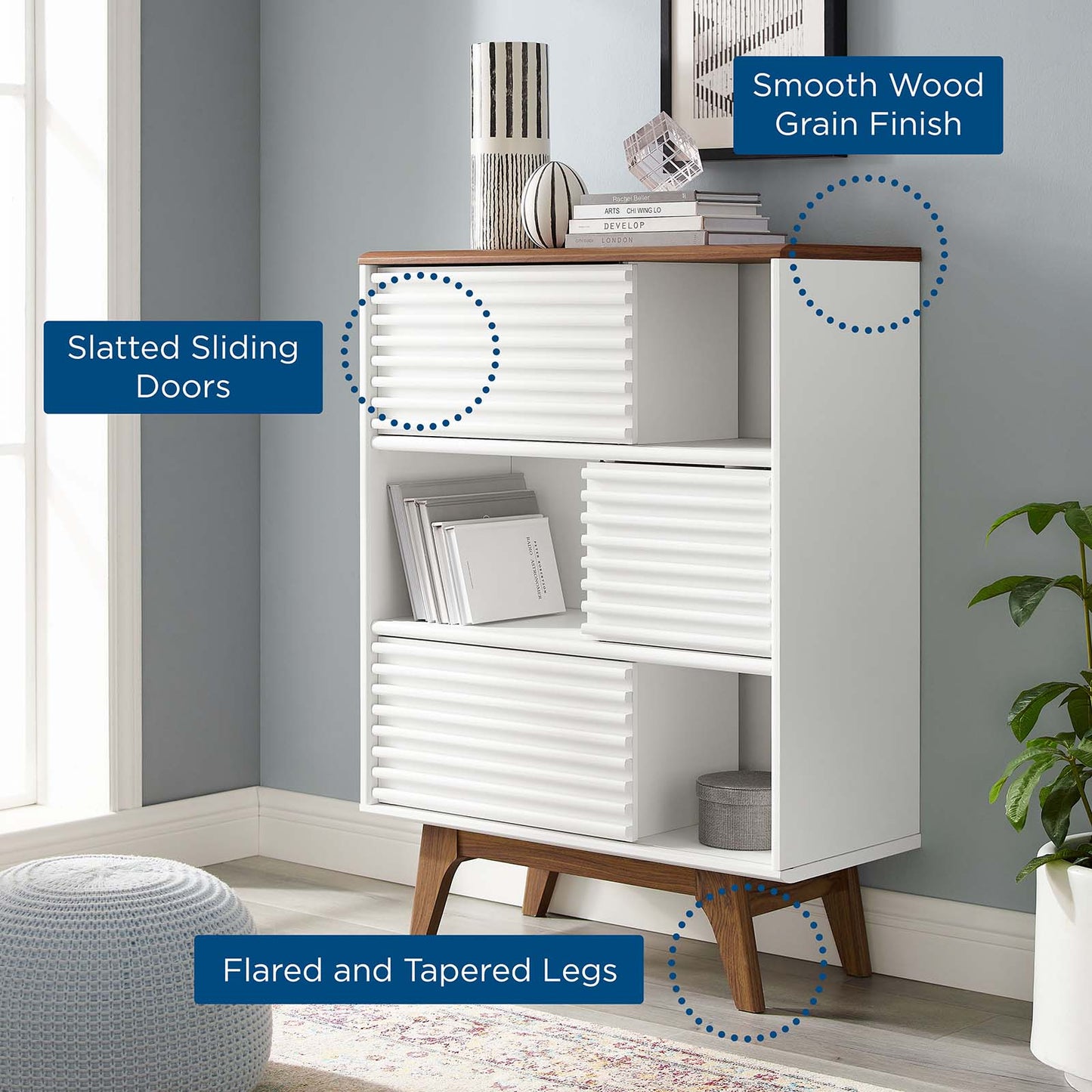 Render Three-Tier Display Storage Cabinet Stand, Wood, Brown Walnut White, 18176