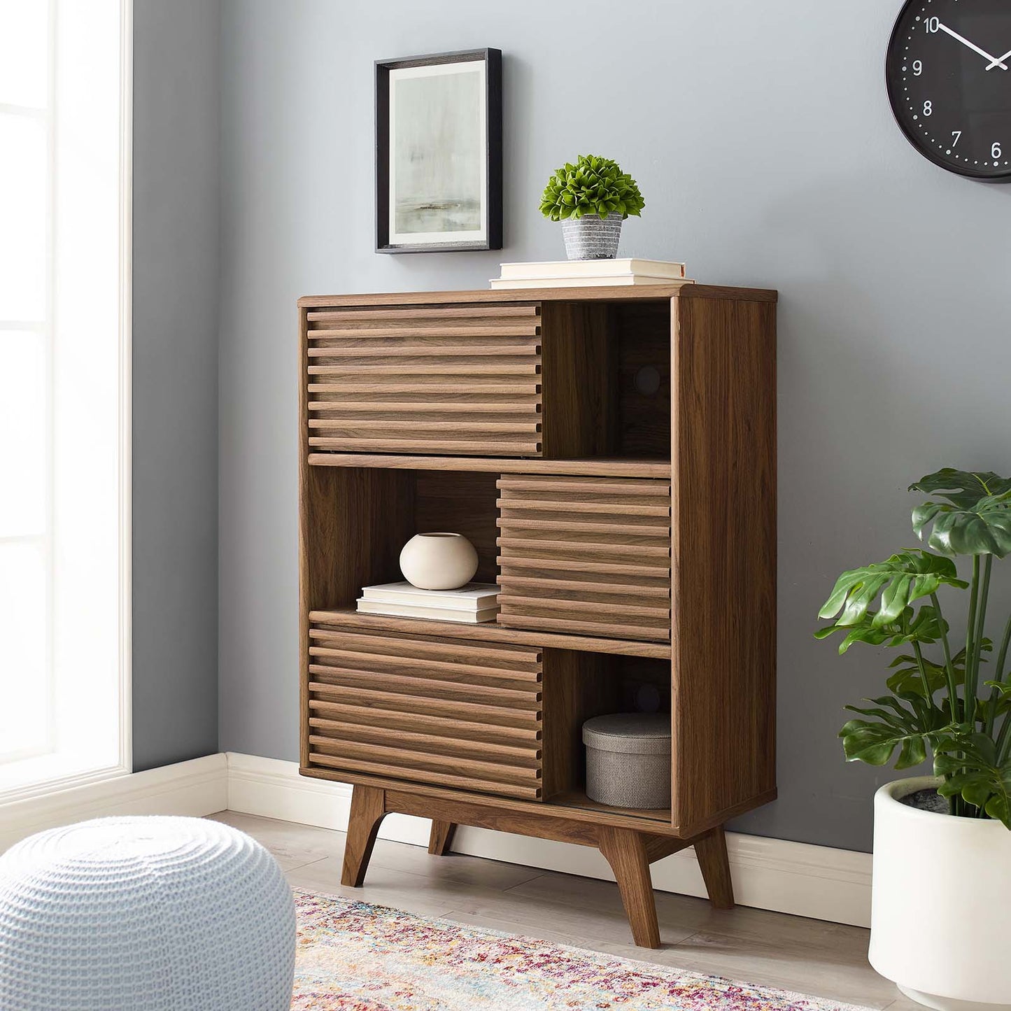 Render Three-Tier Display Storage Cabinet Stand, Wood, Natural Walnut Brown, 17992