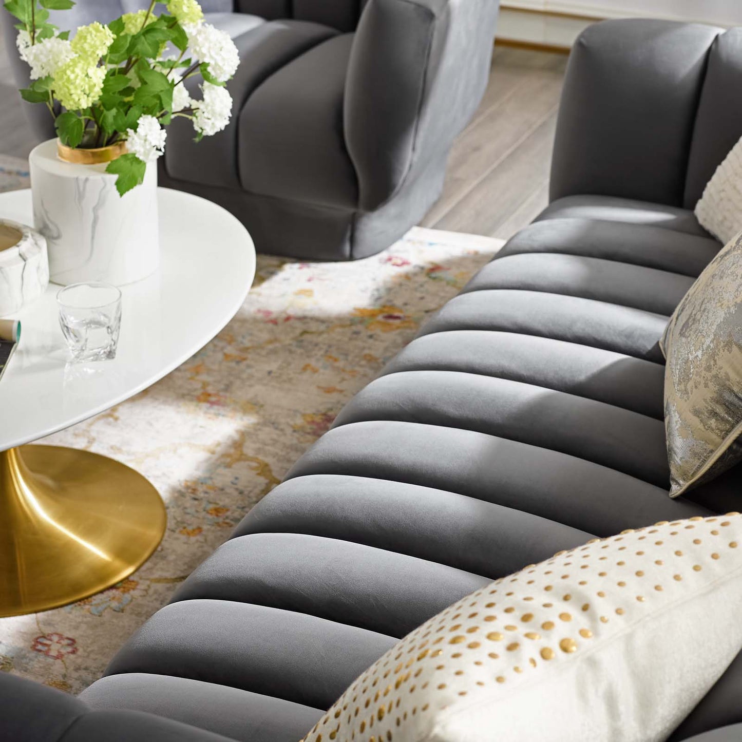 Entertain Vertical Channel Tufted Performance Velvet Sofa, Velvet Fabric, Grey Gray, 17299