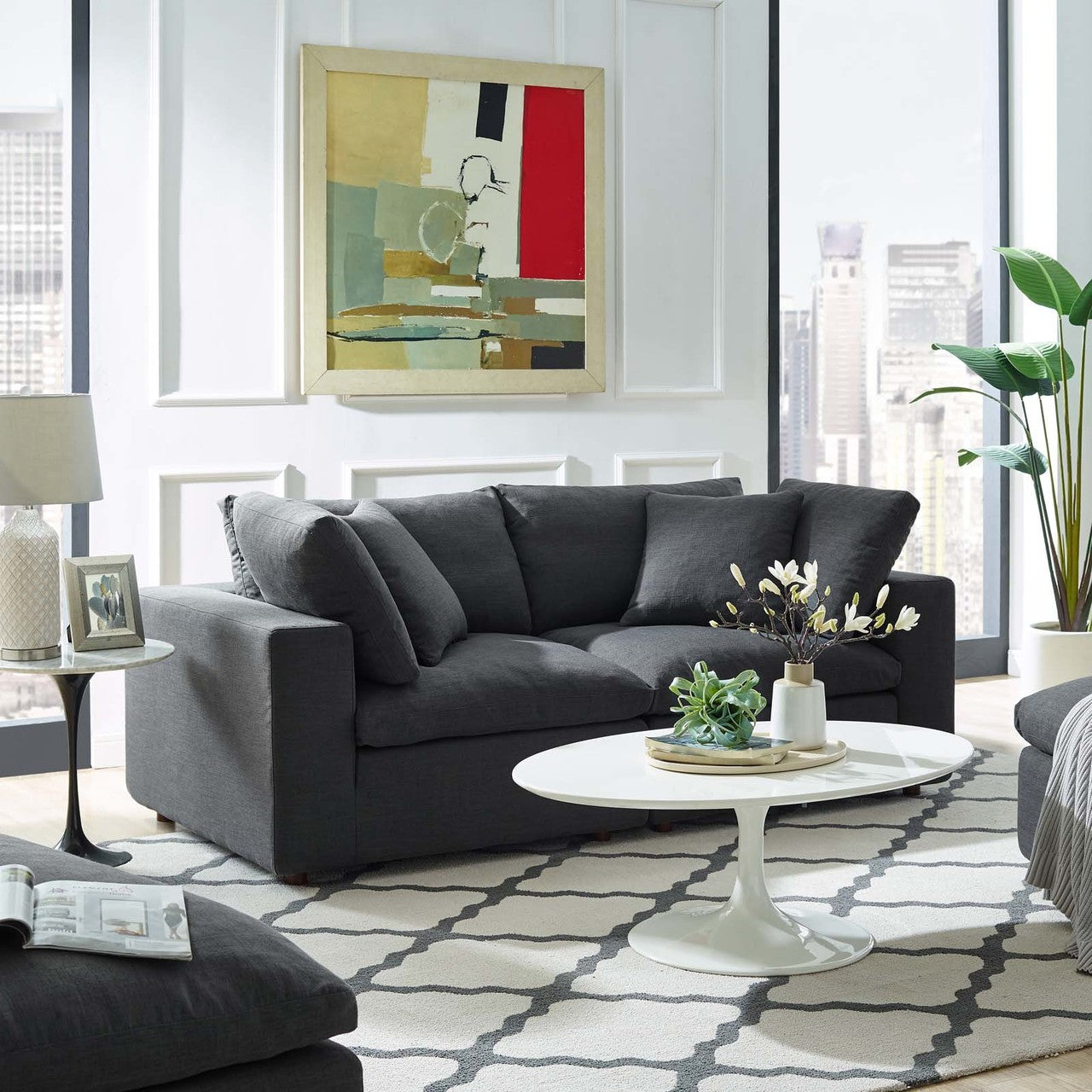 Commix Down Filled Overstuffed 2 Piece Sectional Sofa Set, Fabric, Grey Gray 15718