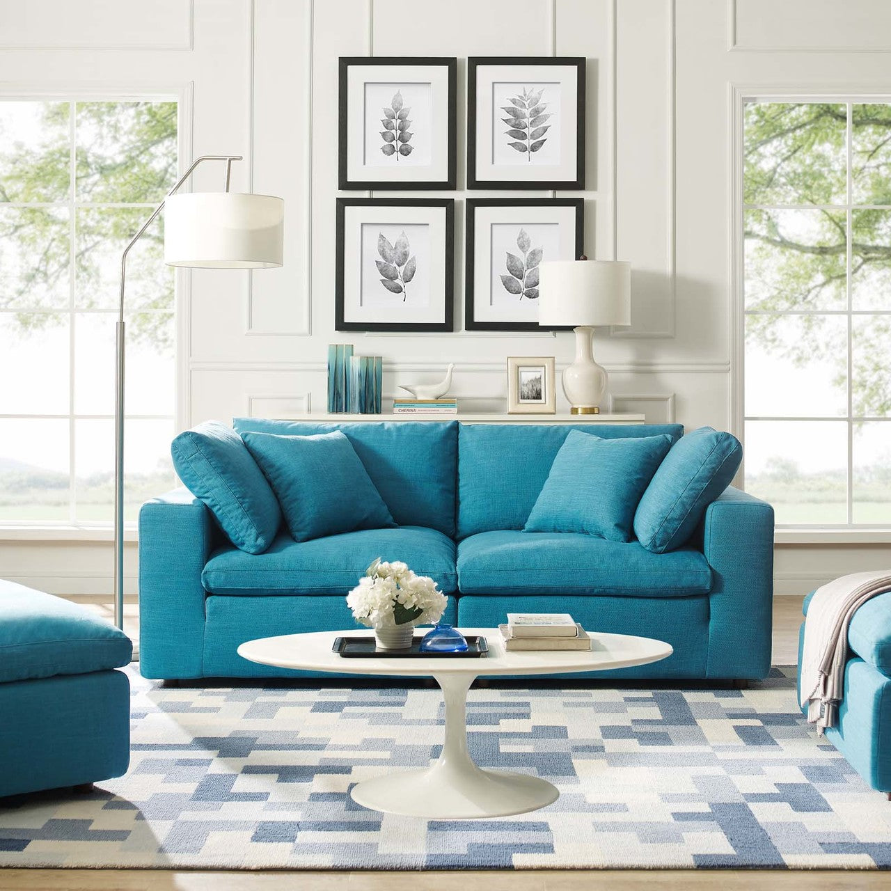 Commix Down Filled Overstuffed 2 Piece Sectional Sofa Set, Fabric, Aqua Blue 15719