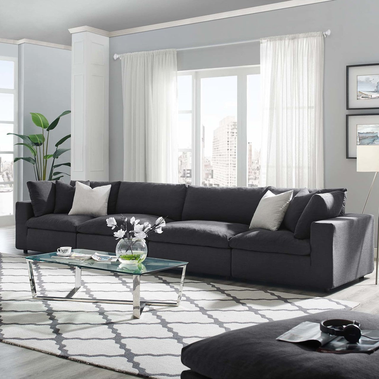 Commix Down Filled Overstuffed 4 Piece Sectional Sofa Set, Fabric, Grey Gray 15733