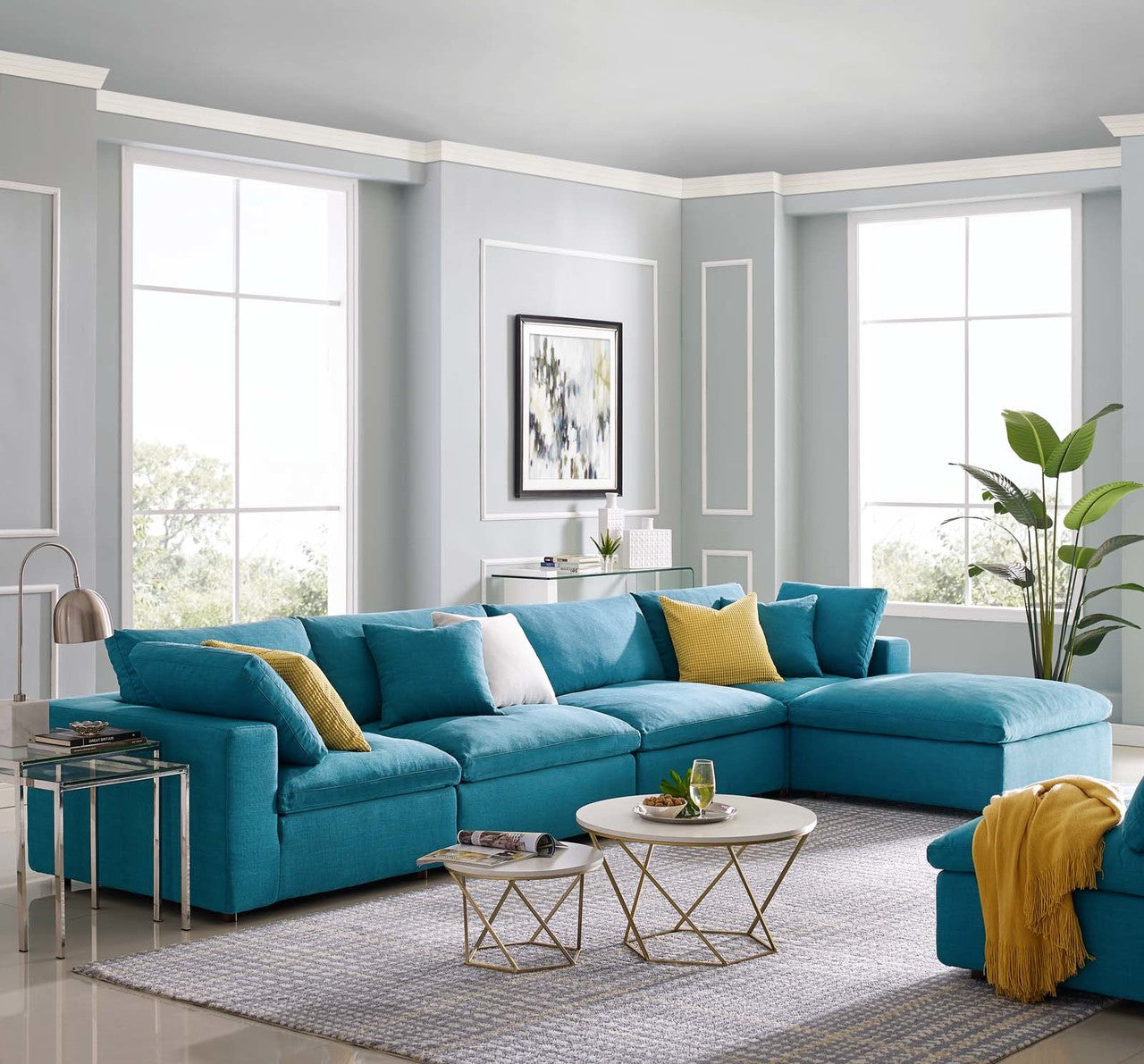 Commix Down Filled Overstuffed 5 Piece Sectional Sofa Set, Fabric, Aqua Blue 15738