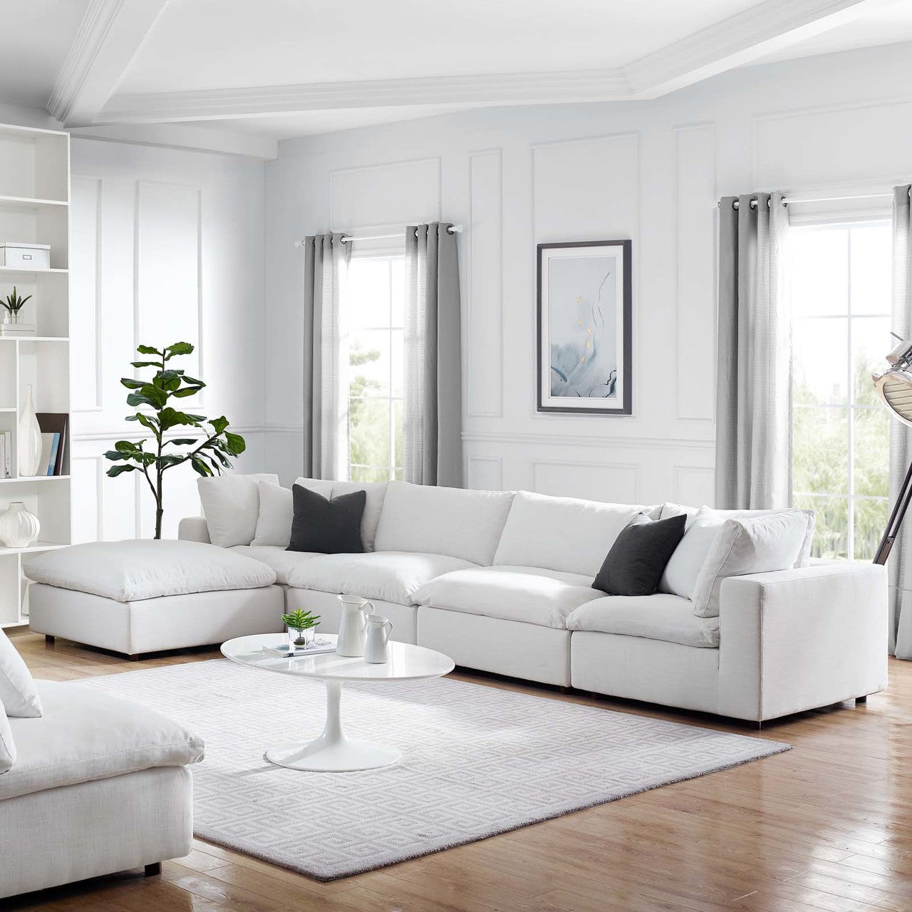 Commix Down Filled Overstuffed 5 Piece Sectional Sofa Set, Fabric, White 15739
